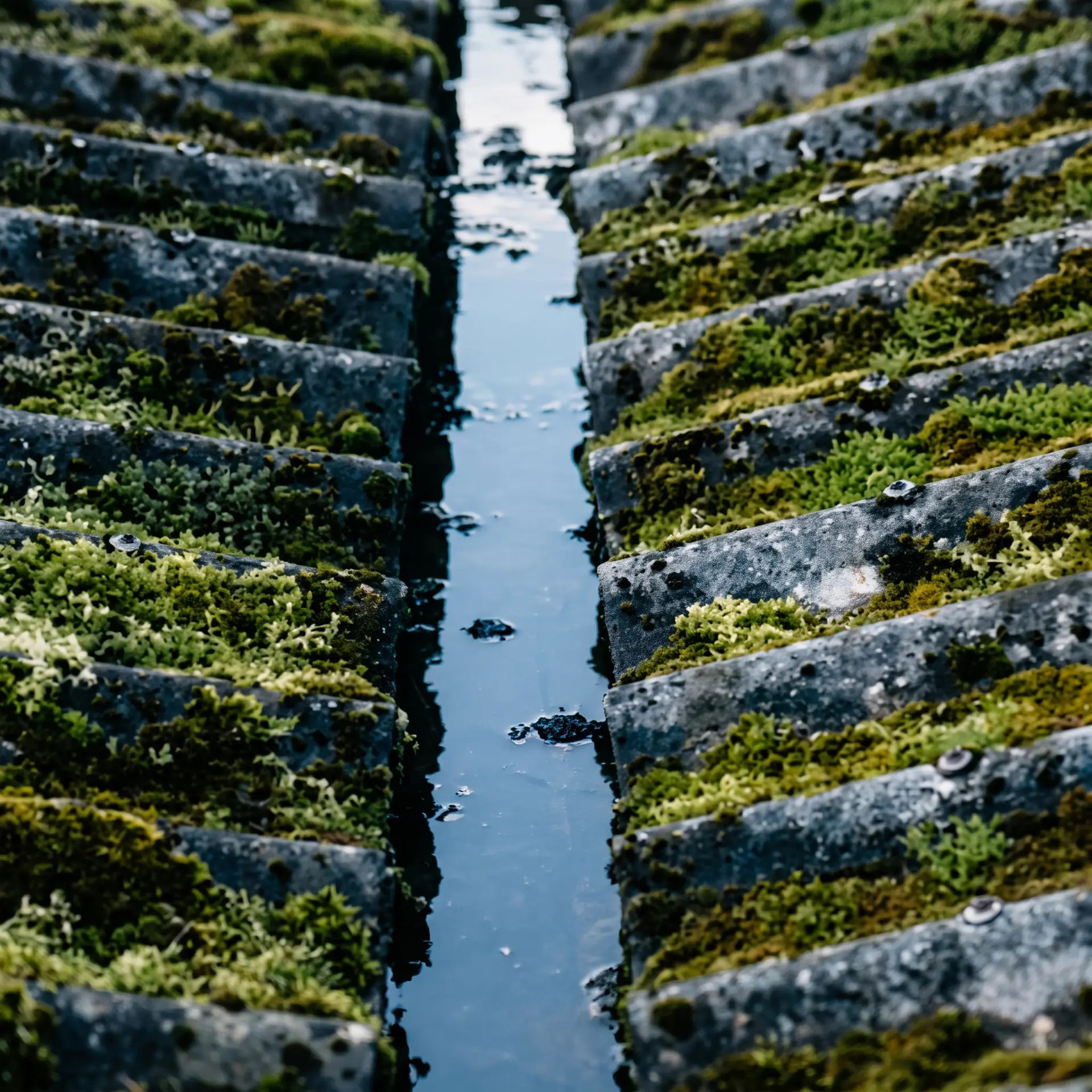 Standing water in the valley gutter of an ageing asbestos roof