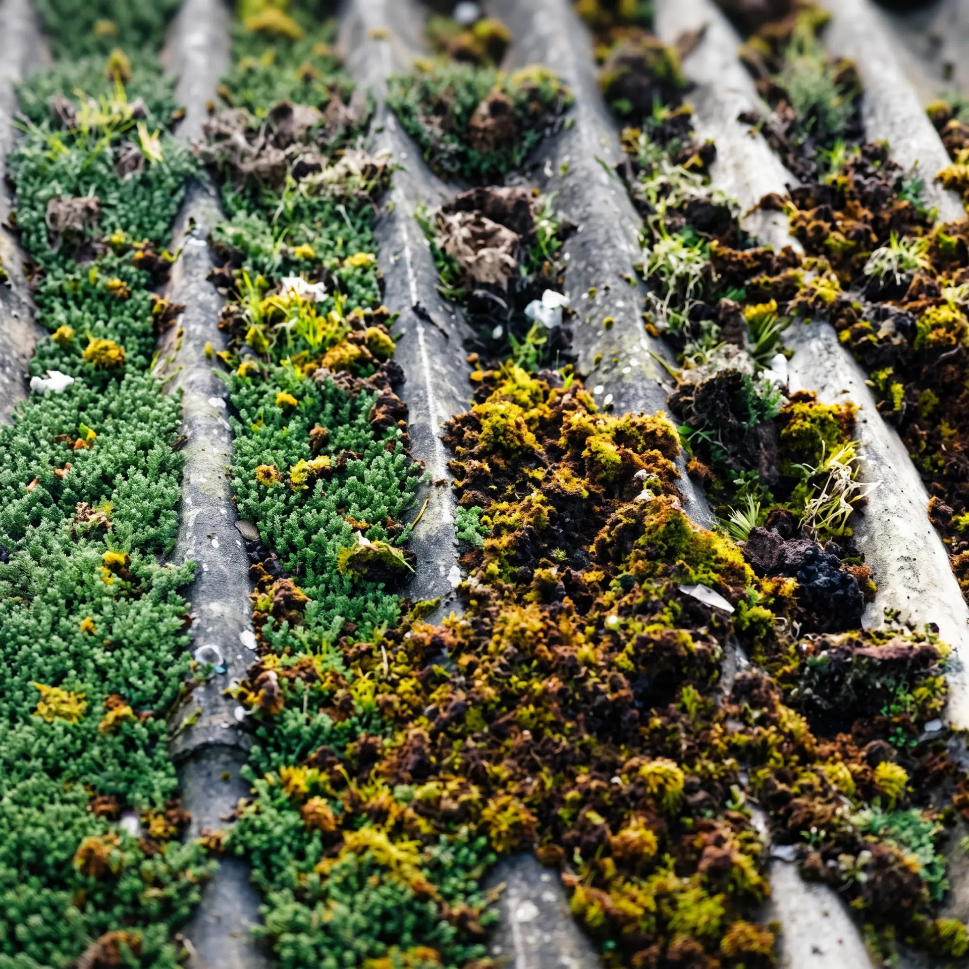 Moss and lichen growth across a corrugated asbestos roof